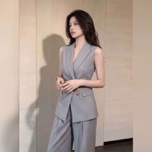 DANTING | Summer Office Elegant Grey Sleeveless Suit Vest and Wide Leg Pants Set