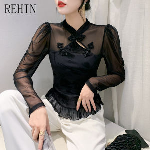 REHIN  Summer new retro plate buckle short-sleeved T-shirt hand-beaded hollow stand-up collar mesh splicing blouse