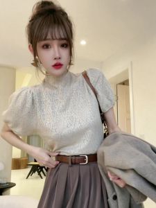 Womens Lace Bubble Sleeve Shirt Loose Short Sleeve round Neck Top Korean Style Casual Fashion Autumn New Arrival
