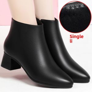 Leather Mid Heel Work Shoes Womens Black Womens Leather Shoes Fleece-Lined Womens Shoes Ankle Boots Female Boots Worker Boot Autumn and Winter
