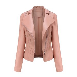 WuChu 2024 Rivet PU Leather Jacket Women Motorcycle Moto Biker Zipper Jacket Ladies Pink Black Purple Coat Fashion Spring Autumn