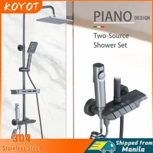 KOYOT Gun Grey/Black 4 in 1 Square Piano Key Design Hot and Cold Shower Set Rain Shower Set with Mixer Faucet Shower Set for Bathroom Shower Head with Hose