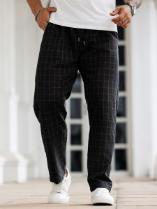 Mens Plaid Pants Solid Color Casual Straight-Leg Trousers Slim Fit Versatile Daily Home Pajamas for Travel And Holidays