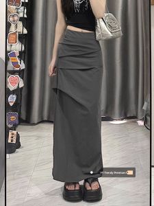 Gray Casual High Waist Mid-Length Womens Skirt Bodycon A-Line Skirt Split Slimming Effect Large Size Cover Hip