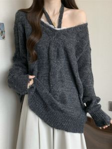 Gray Loose Lazy Style Womens Sweater Spring Autumn Large Size Plump MM Slim Hanging Neck Chic Top Mid-Length Knitted Shirt