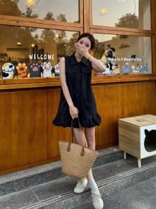 VKSOD | Korean Style Polo Collar Black Sleeveless Dress Women Summer Loose Slimming Casual Work Vest Short Skirt High Waist A-Line