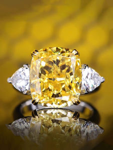 12 Carat True Yellow Diamond Artificial Gem Ring Silver Plated Elegant Simple Design Bright Color Yellow Fresh out Fashion Jewelry