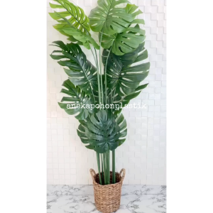 Pohon Hias Daun Monstera Latex T160 Artificial Cover Pot Eceng Gondok Handle Hiasan Dekorasi Rumah Cafe Kantor Aesthetic