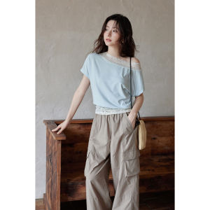 Korean Style Lyocell Lace Patchwork Slim Fit Light Blue T-shirt
