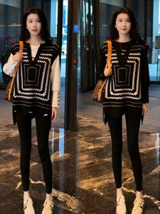Loose V-Neck Knitted Sweater Autumn New plus Size European Style Patchwork Layering Sleeveless Top for plus Size Women