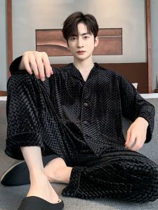 Black Coral Velvet Thickened Long Sleeve Sleepwear Set for Men Autumn Spring Island Velvet Home Clothes Loose Fit Comfortable