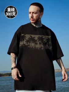 Trendy Mens Short Sleeve T-Shirt Heavyweight 300g Summer Loose Fit Large Size Cotton Half Sleeve Base Shirt Breathable