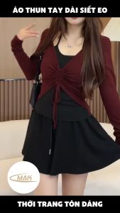 Áo Thun Nữ Dài Tay MAK Kiểu Nhúm Eo Tôn Dáng Vạt Buộc Nơ Cao Cấp Chất Cotton Mềm Co Giãn