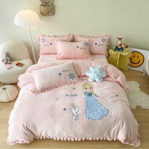High End Disney Elsa Princess Milk Velvet Four Piece Set Cat Licking Bed Sheets Children Girls Bedding Winter Warm Polyester