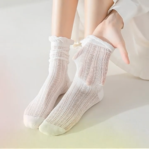 Kaos Kaki Wanita Katun Tipis Korean Style Curly Korean Style Renda Ruffle Panjang Tinggi Renda Women Socks Cotton ASCH114