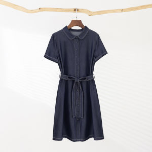 ทันสมัย ลำลอง เดนิม เดรส ผู้หญิง ฤดูร้อน Turn-down สไตล์ใหม่ ปกเสื้อ กระดุมเดี่ยวเอวเฉลิม ทรงเอ แขนสั้น เดรส
