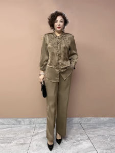 Silk Two-Piece Set Summer New Mid-Sleeve Open Cardigan Top Straight Leg Pants plus Size Trendy Suit Pants for Middle-Aged Women