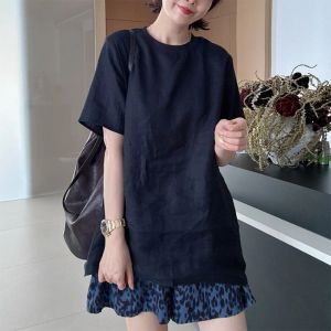 BINKAFENNY | Summer Slimming Black Short Sleeve T-Shirt Womens Loose Mid-Length Back Split Top Asymmetrical Commute Style Korean Version