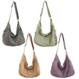 Women Canvas Bag Distressed Hobo Crossbody Bag Solid Color Cross Body Bag Adjustable Shoulder Strap Pockets for Shopping