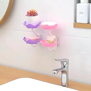 Lotus Shape Soap Box Plastics Flower Shape Double Layer Soap Holder Double Soap Box Punch Free Wall Mounted Anti-slip for Bathroom toilet Washroom