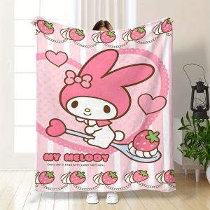 Sanrio | My Melody Strawberry Flannel Chăn Một Mặt Mềm Mại Sang Trọng Dệt Tatting Phong Cách Cổ Điển Hình Chữ Nhật Chăn Cho Phòng Ngủ Phòng Khách Ghế Sofa Trang Trí