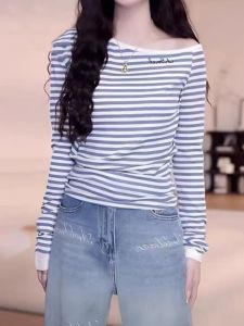 plus Size Beautiful One Shoulder Long Sleeve T-Shirt Womens Slim Fit Shoulder Exposure Striped Top Korean Style Commute Wind