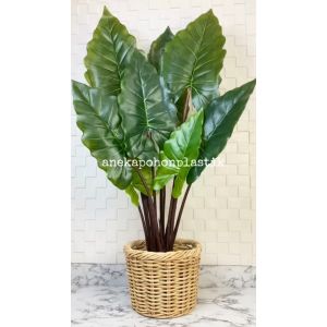 Pohon Artificial Keladi Giant Taro & Keladi Pelangi T120 Latex Cover Rotan Bulat Dekorasi Rumah Aesthetic