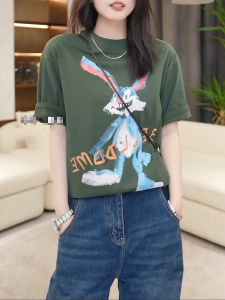 QINGNAER | Retro Cartoon Rabbit Print T-Shirt Loose Fit