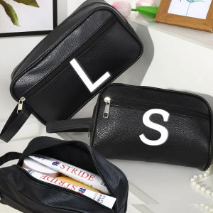 กระเป๋าที่เก็บของ PU วินเทจสีดำสำหรับผู้ชายกระเป๋าเข้าห้องน้ำเดินทางแบบเรียบง่ายกระเป๋าถือเครื่องสำอางความจุขนาดใหญ่กระเป๋าซักได้ทั้งชายและหญิง