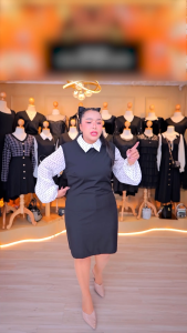 ชุดเดรสผู้หญิง แขนยาวลายจุดสไตล์เกาหลี สีดำ