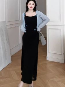 Plus Size Womens French Tea Break Style Bows Patchwork Blue Mermaid Dress Summer Waist-Tight Slim Looking Drape Dress