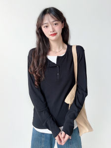 plus Size Womens Long Sleeve T-Shirt Black Base Shirt Belly Covering Slimming Top for Autumn Korean Style Straight Cut Cotton Polyester Blend