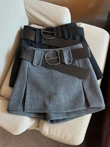 GUZILIAN | Korean Style Autumn Winter New Retro Simple Mid High Waist Solid Color Woolen A-Line Short Skirt Versatile Womens Fashion