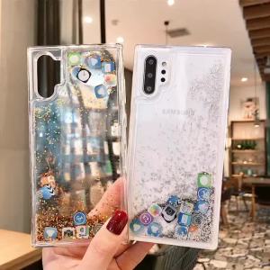 Cute App Icon Floating Glitter Liquid Bling Case Cover For Samsung A53 A72 A52s A23 A33 A13 Note 10 Lite A51 A71 Quicksand Coque