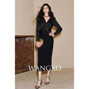 WANGXO | Đầm Satin Cổ V Quấn Eo Giảm Béo