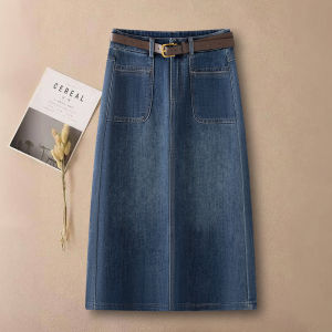 YIMING | Blue A-line Washed Denim Skirt with High Waist Slim Fit Mid-length Pencil Skirt with Belt