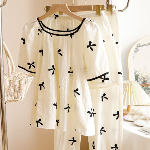 ชุดนอนผู้หญิงแขนสั้นผ้าฝ้ายแท้ ชุดนอนฤดูร้อนบางหลวม นุ่ม ระบายอากาศได้ดี ชุดอยู่บ้าน พร้อมแผ่นเสริมหน้าอก ชุดนอนผู้หญิง