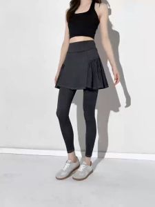 【Fongaly】denim imitasi Celana Rok Wanita 2-in-1 Berkantong upsize Legging hitam olahraga Wanita Rok Panjang ukuran besar Jumbo Polos Gym jogging bawah Celana kulot Muslim rok lipit black yoga pants High Waist Running pants （Hitam Biru）