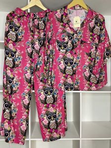 Setelan One Set Piyama Lengan Panjang Motif Burhan OWL Model Lengan Kerut Depan Bahan Adem Bumil Busui/Pajamas Rayon