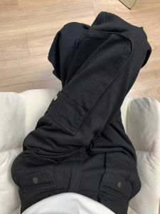 กางเกงยีนส์ทรงตรงหลวมๆ สีดำ กางเกงขายาวทรงทำงานสไตล์อเมริกันสตรีทสำหรับผู้หญิงไซส์ใหญ่ กางเกงยีนส์ทรงสลิมฟิต