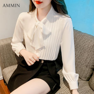 AMMIN หูกระต่ายมีระบายแขนยาวผู้หญิงใหม่เสื้อชีฟองเกาหลีอารมณ์แฟชั่นสไตล์และเสื้อออฟฟิศเดินทางอเนกประสงค์