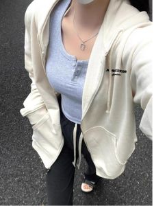 American Style Womens Hoodie Spring Autumn Loose Korean Trendy Brand High-End Lazy Style Zipper Jacket Lightweight Open Cardigan