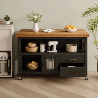 Modern Minimalist Kitchen Island Cabinet Open Bar Table Mobile Storage Furniture Metal Carbon Steel Real Wood for 2 Or More People
