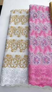 Luxury African Swiss Voile Lace Pink Flower Embroidered With Stones High Quality Nigerian Cotton Lace For Party Gown Sewing
