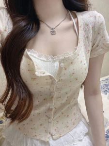 Brandy Girl New Arrival Floral Cardigan round Neck T-shirt BM Short Sleeve Silm Single Breasted Pure Desire Tops Women