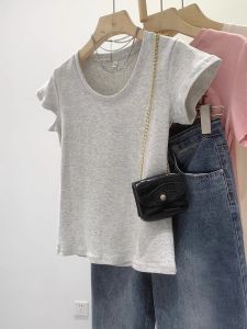 Áo Thun Cổ Chữ U Tay Ngắn Màu Trơn Cho Nữ Mùa Hè Phong Cách Mỹ Cổ Điển Cơ Bản Đa Năng Thon Gọn Màu Xám