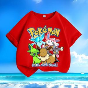 Bandai | Cartoon Childrens Pure Cotton T-Shirt Eevee Pokémon New Summer Style Round Neck Printed Short Sleeve Suitable Boys and Girls