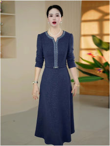 Elegant Mid-Length Slimming Dress for Women Autumn New Style High Waist A-Line Skirt Breathable Polyester Fiber Long Sleeve