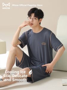 MiiOW | New Thin Short Sleeve Short Pants Large Size Ice Silk Mens Sleepwear Set