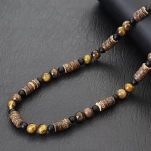 Mặt Dây Chuyền Nam Bằng Vỏ Dừa Tự Nhiên Gỗ Dài 18 Inch Kiểu Cổ Ngắn Đính Đá Mắt Hổ Núi Lửa Phong Cách Hip Hop/Rock Quà Tặng